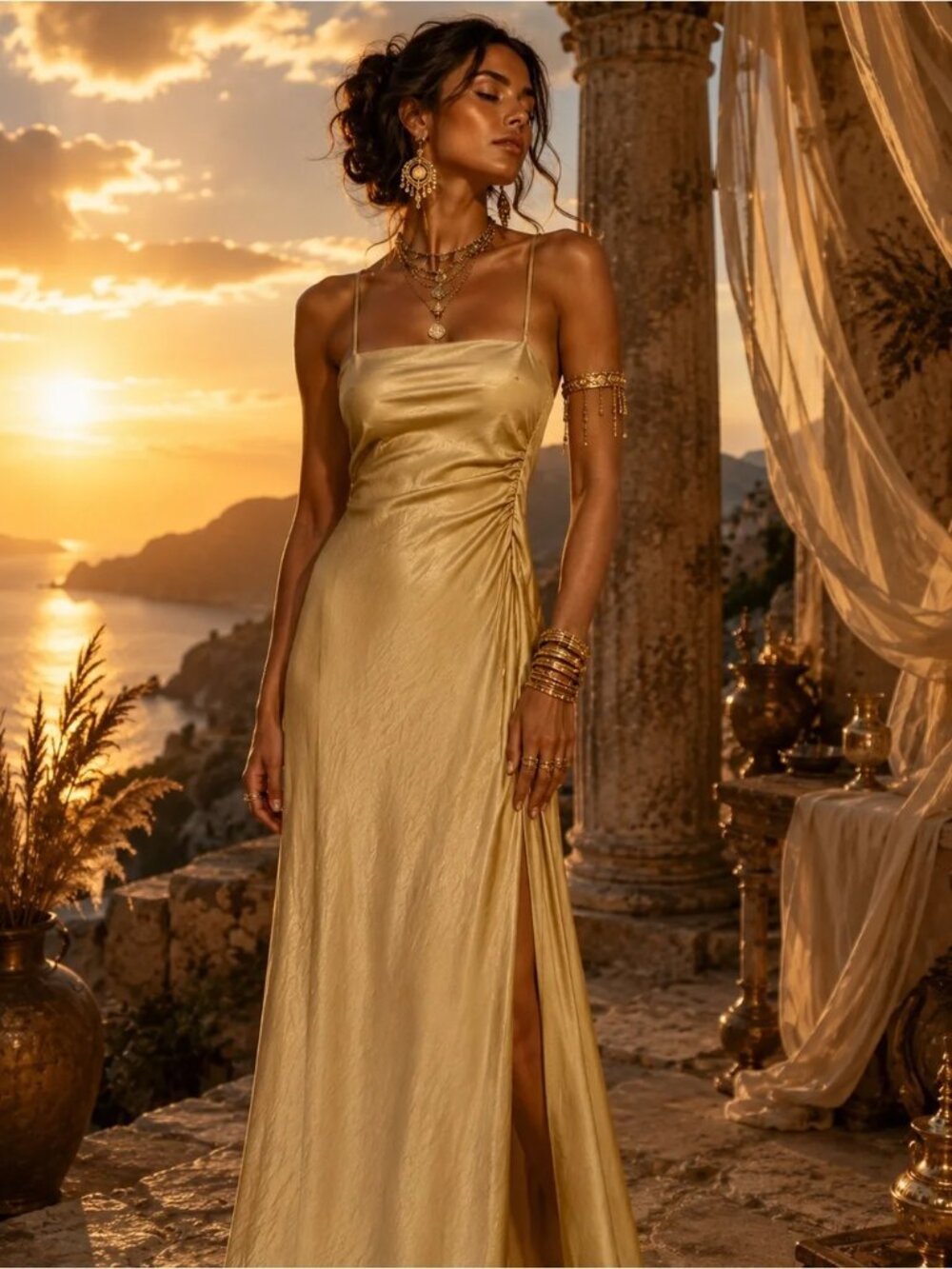 NWT House of Harlow 1960 Gold Slip Dress Maxi Length Womens Large
